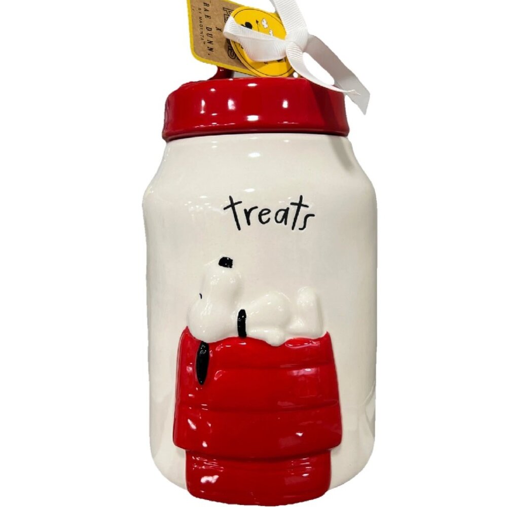 RAE DUNN PEANUTS SOLID WHITE CANISTER "TREATS" GLOSSY SNOOPY SLEEPING (NEW)